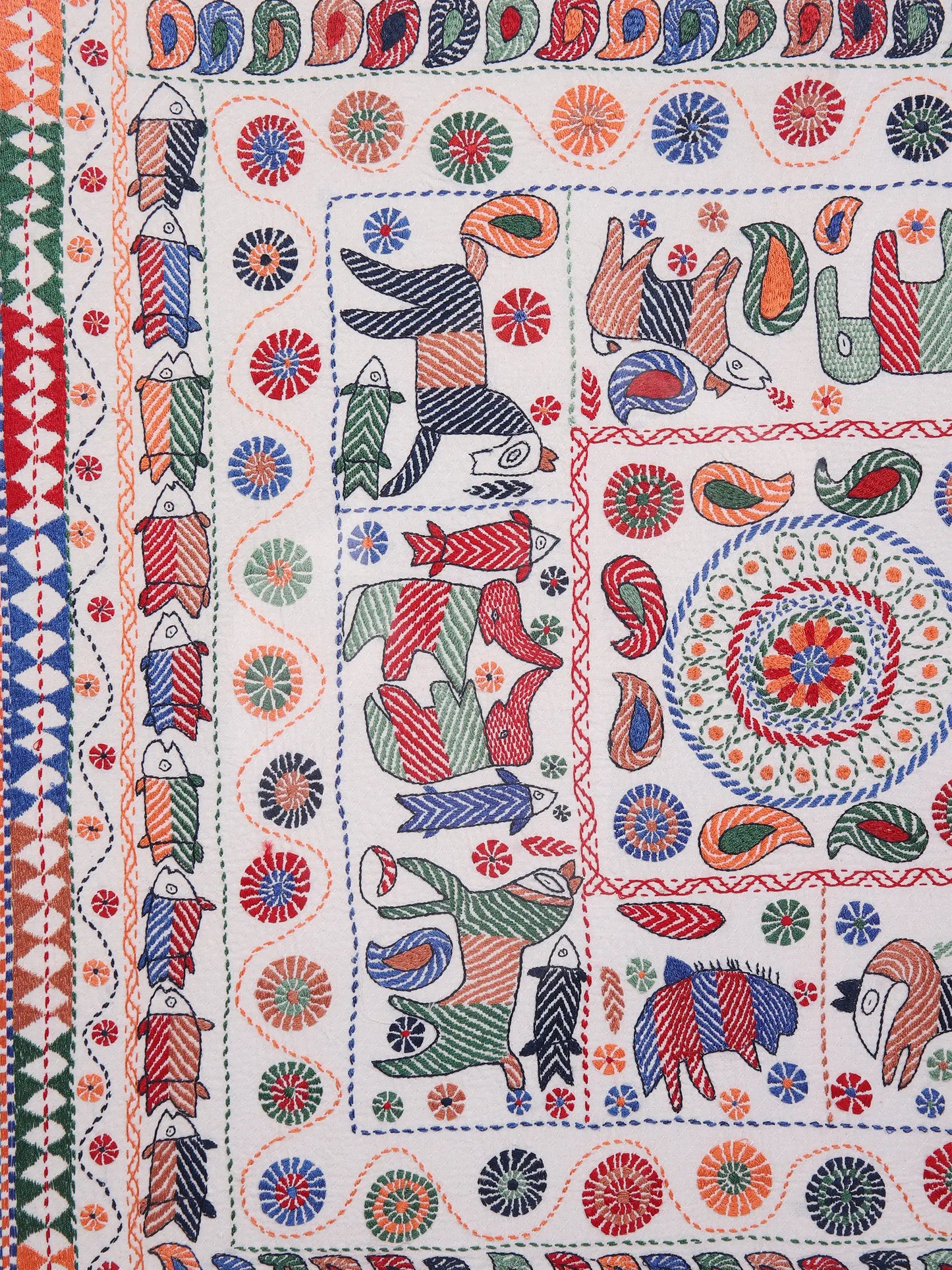 White Nakshi Kantha Cotton Wall Hanging Tapestry with Frame