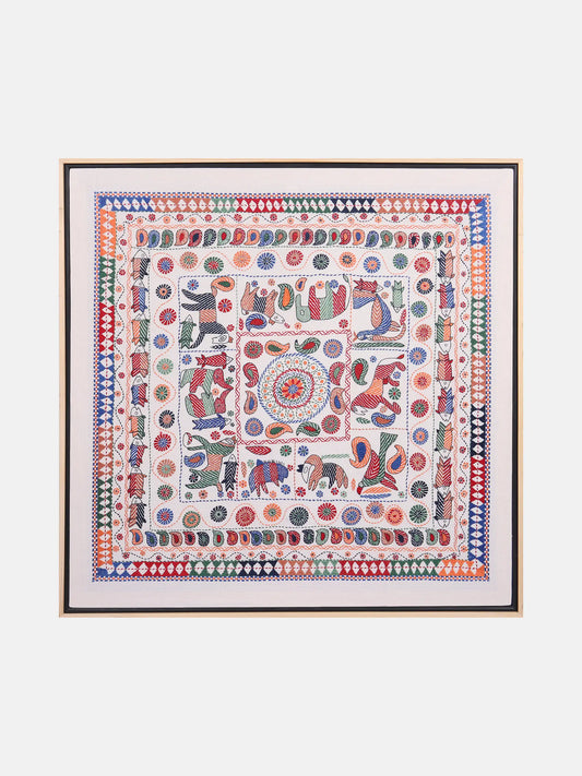 White Nakshi Kantha Cotton Wall Hanging Tapestry with Frame