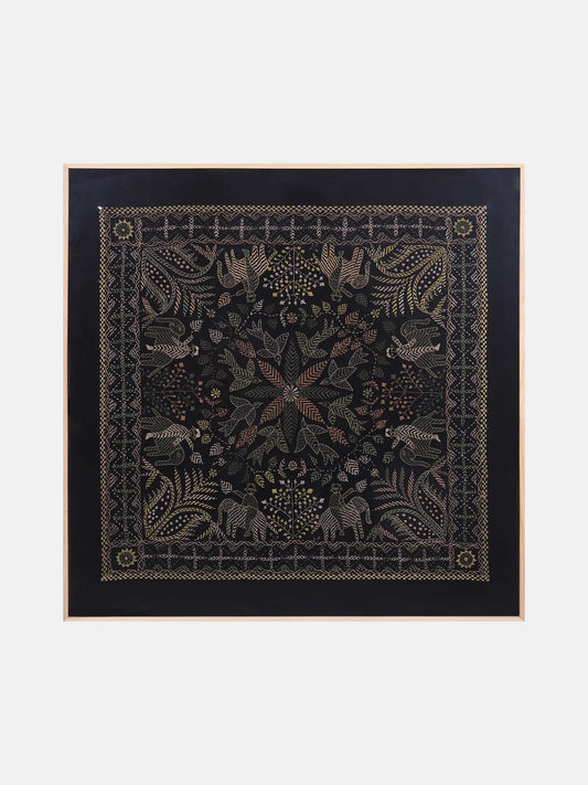 Black Nakshi Kantha Cotton Wall Hanging Tapestry with Frame